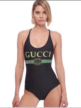 Gucci Black One-Piece with Green and Red Stripe and Gold Logo Authentic NWTS